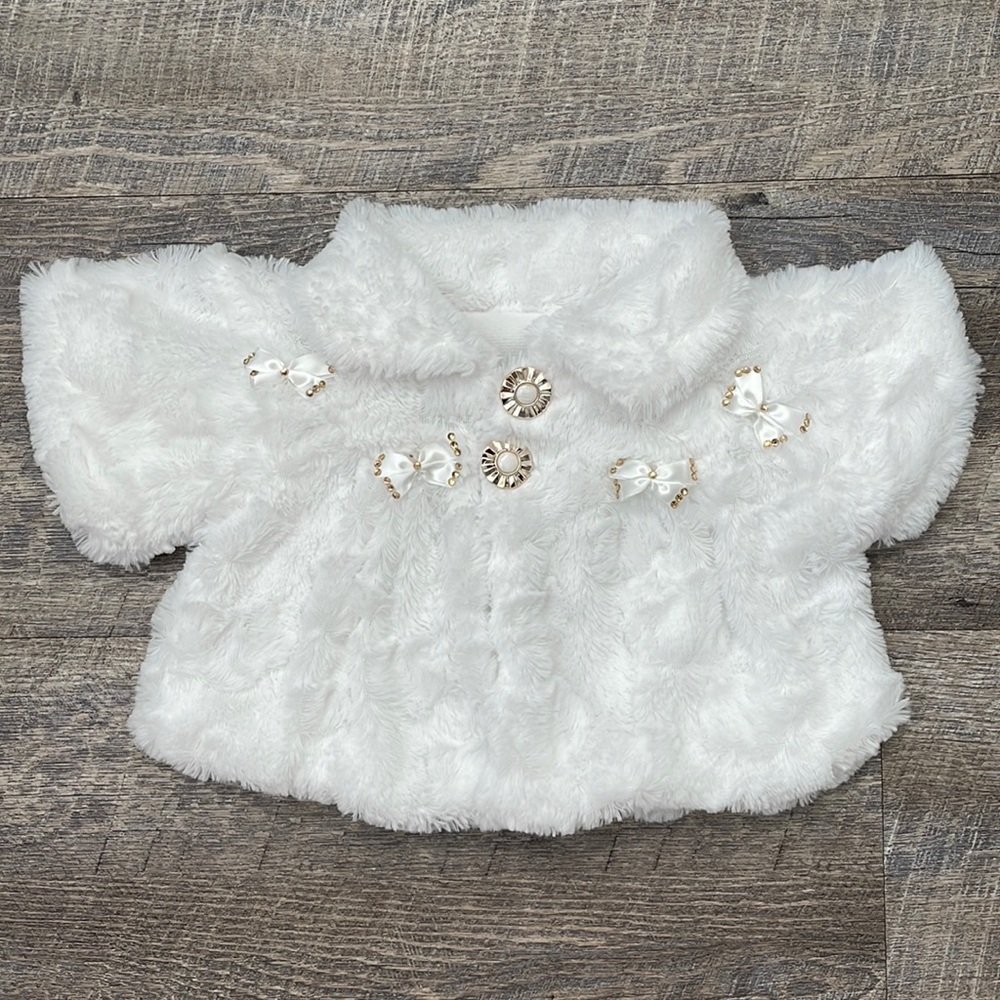 2T White Furry Jacket Coverup with Bows and Buttons